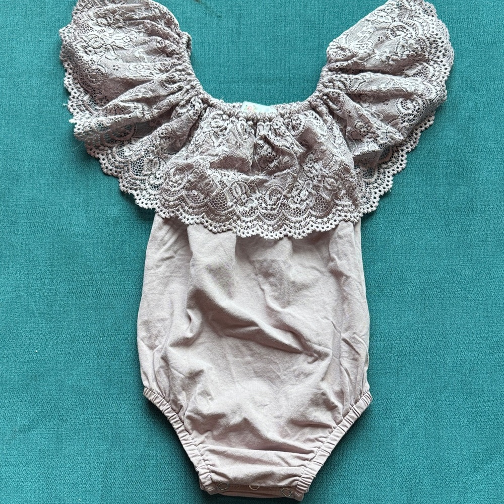 Baileys Blossoms Lace Ruffle Kids One Piece Bodysuit- Dusty Pink